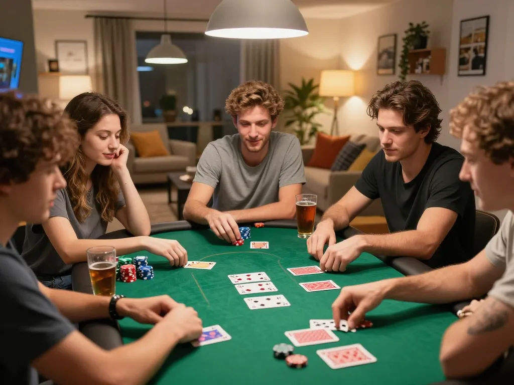 Engaged players strategizing in a lively kuwin1 poker game, bright home setting.