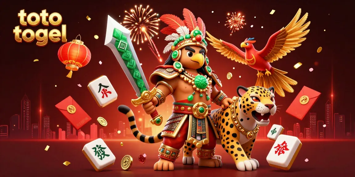 Toto togel gaming scene illustration with Aztec warriors and festive casino elements.