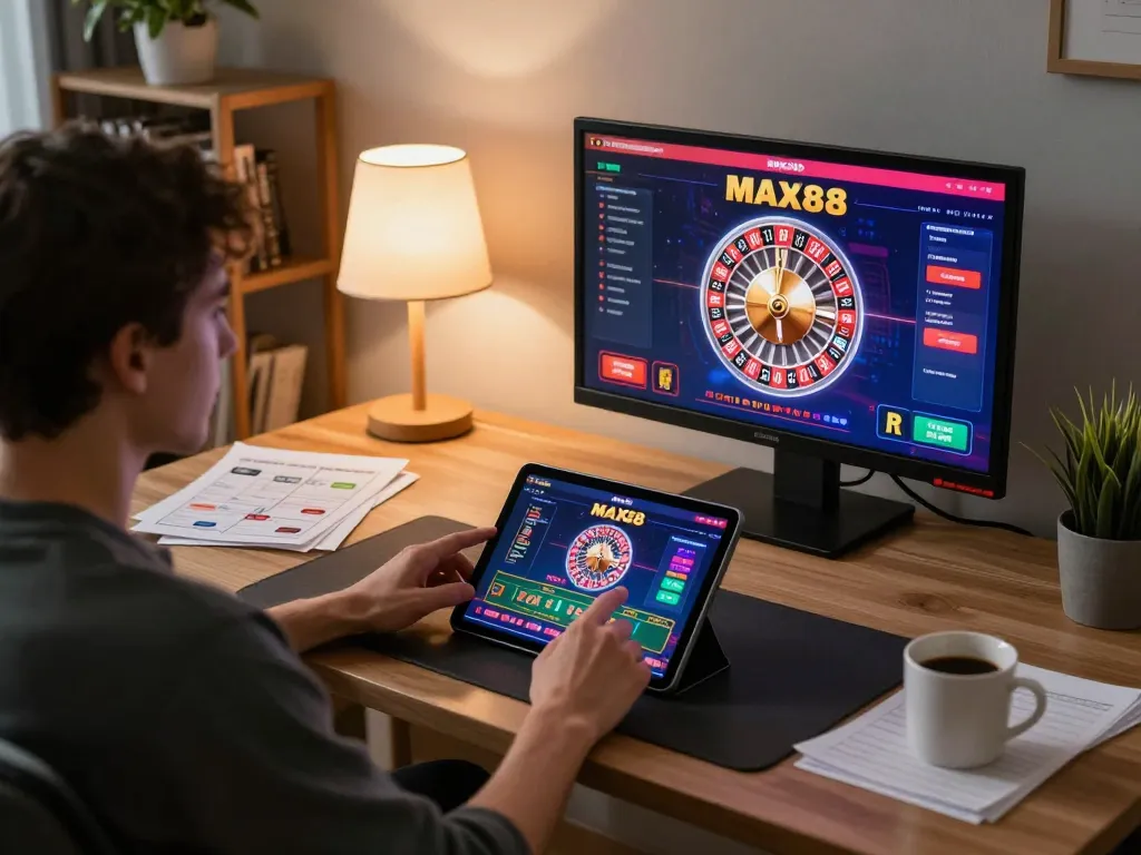Max88 user engaging with live dealer roulette on tablet in modern home office