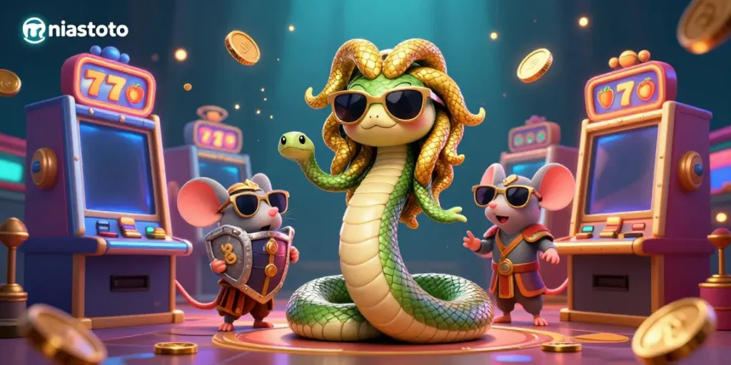 Immerse in the thrilling world of niastoto with Medusa and a warrior mouse amid vibrant casino elements.