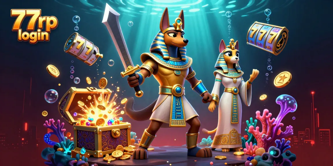 Experience the thrill of 77rp login with Anubis and Bastet amidst vibrant slot game elements.