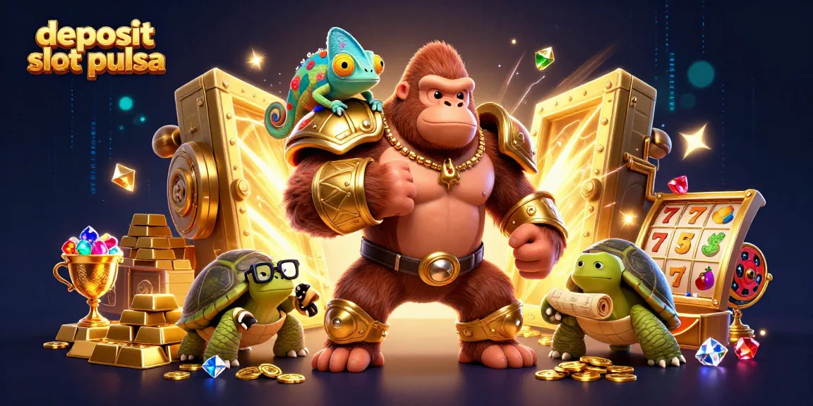 Experience deposit slot pulsa with dynamic slots and a powerful gorilla king in this engaging casino illustration.