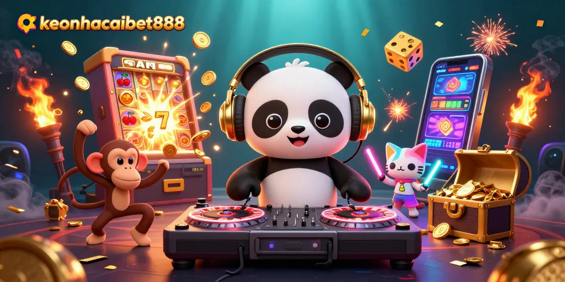 Join the fun at keonhacaibet888 with a vibrant illustration featuring exciting casino games.