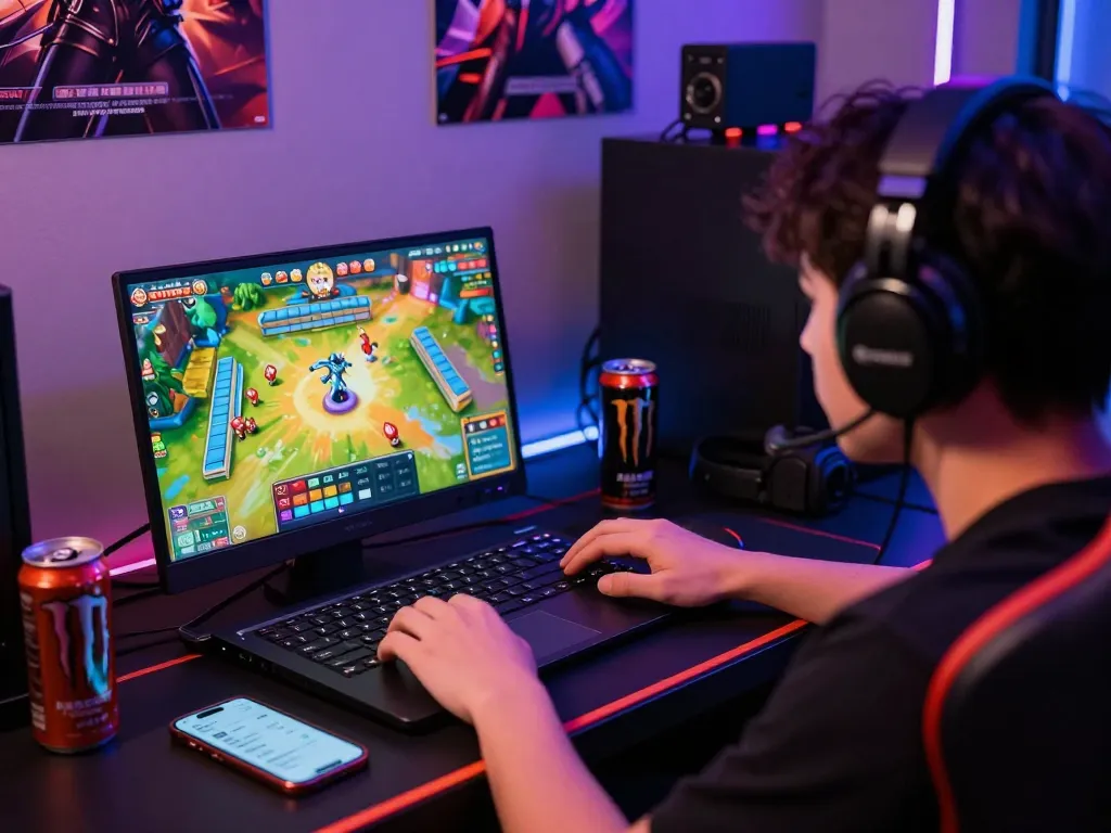 Suasana menarik seorang gamer bermain Mahjong Ways online dengan grafik yang cerah dan aksesori permainan.