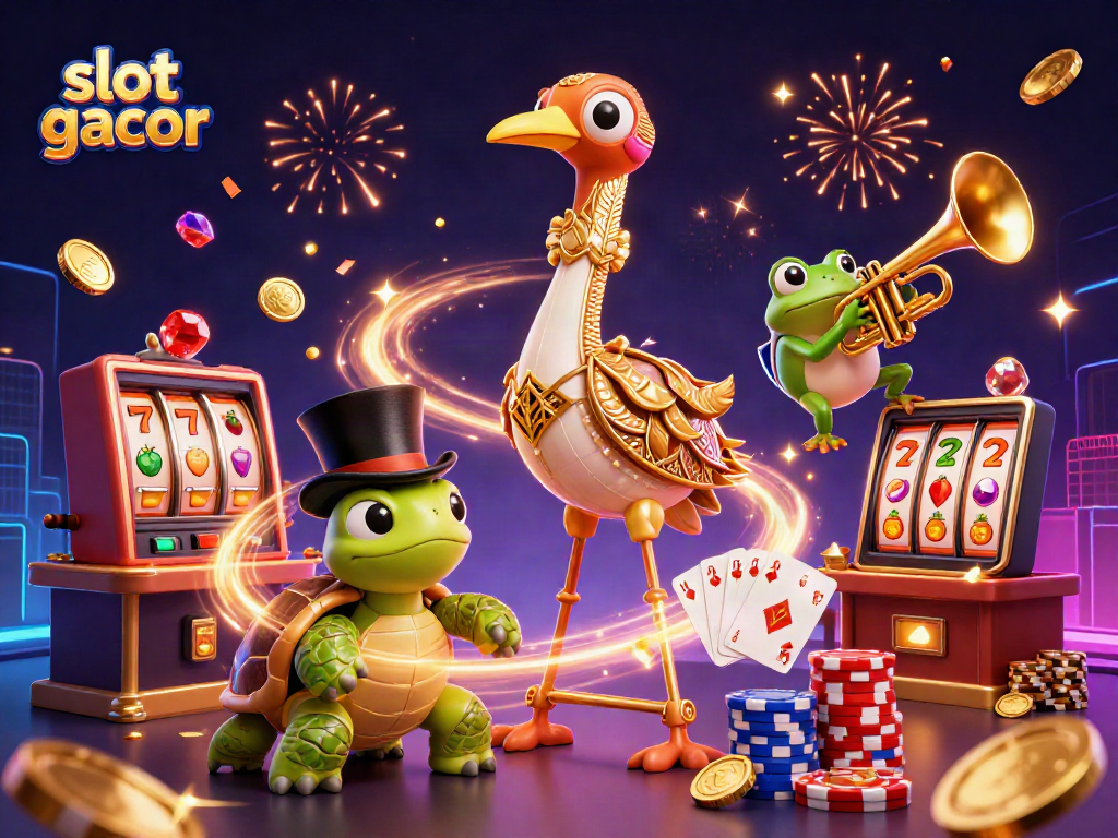 Menang besar di slot gacor dengan ilustrasi kasino yang penuh warna dan elemen permainan berkilau.