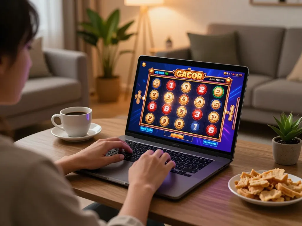Person enjoying slot gacor gaming on laptop in cozy home setting with snacks and warm lighting.