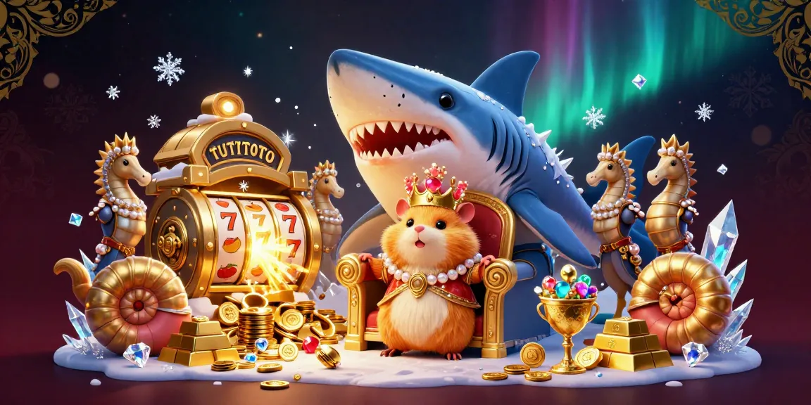 TUTITOTO engaging scene with the hamster king at a slot machine, surrounded by gold treasures