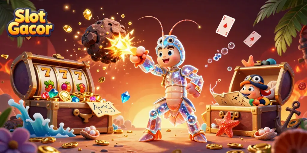 Experience the thrill of Slot Gacor with a vibrant 3D scene featuring samurai shrimp and treasures.