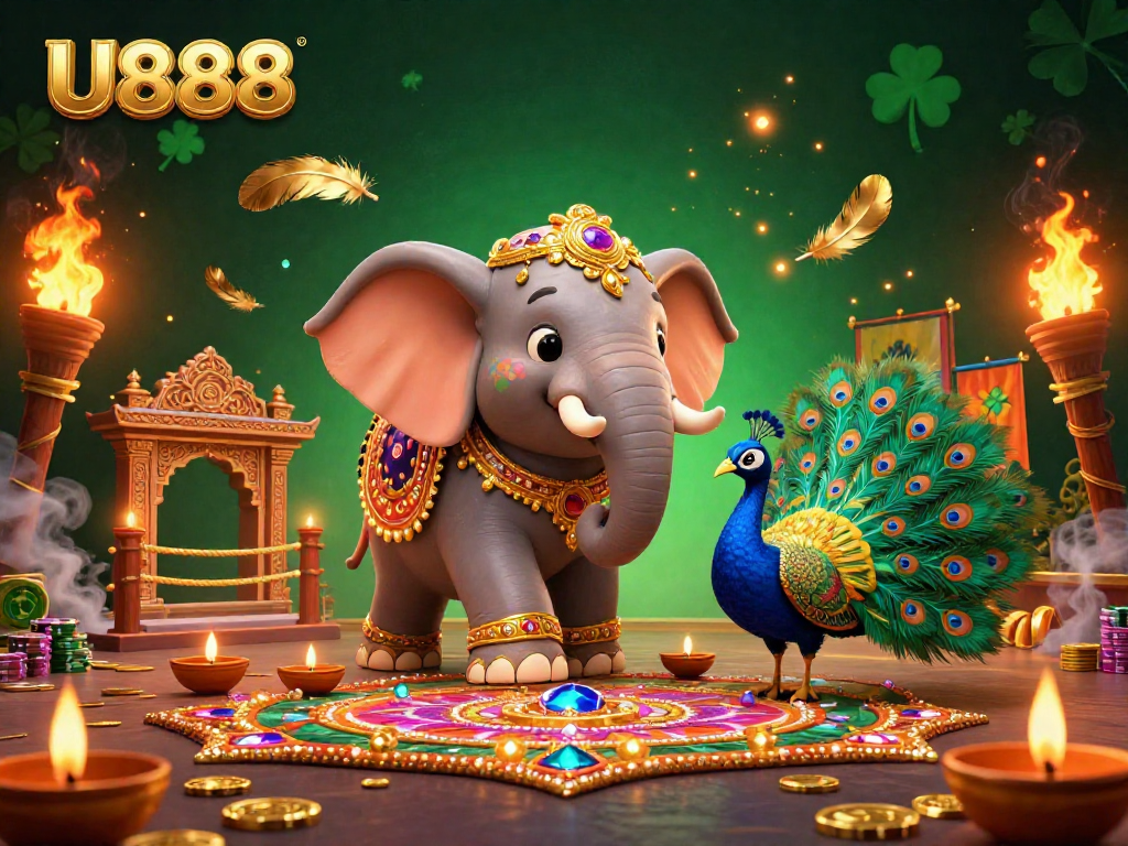 Experience the thrill of U888 with vibrant characters and dynamic gaming elements in this 3D casino illustration.