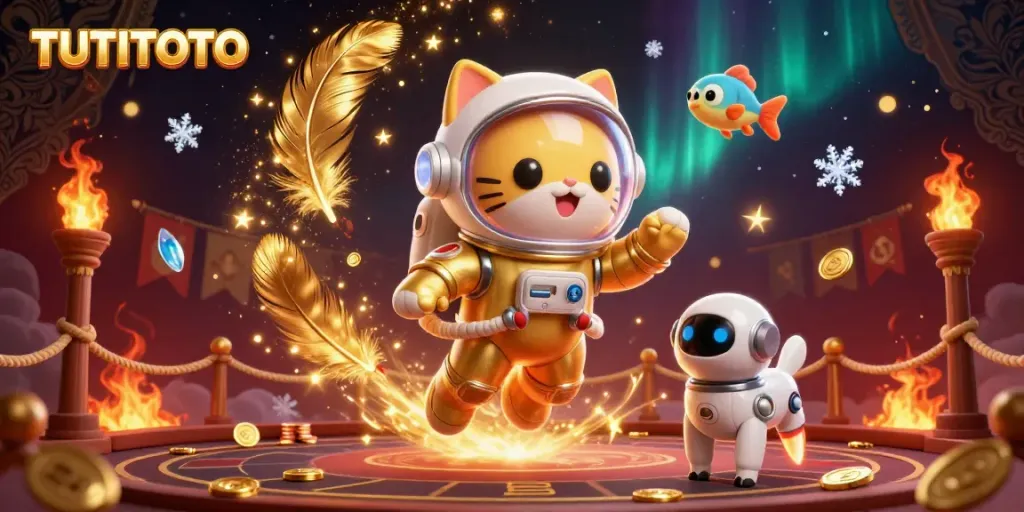 TUTITOTO showcases a space cat astronaut amid golden casino elements, floating in a gambling arena.