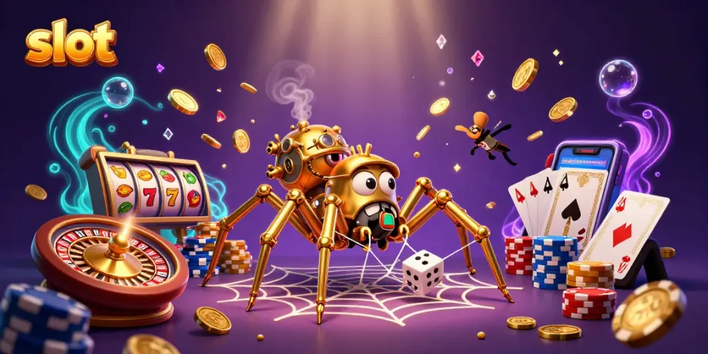 Slot terbang membawa keberuntungan dengan simbol buah dan uang emas di dunia kasino.