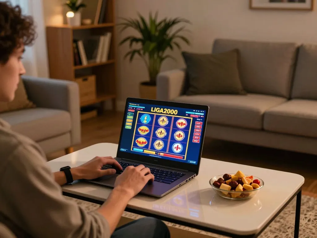 LIGA2000 player enjoying online slots at home gaming setup with laptop and snacks.