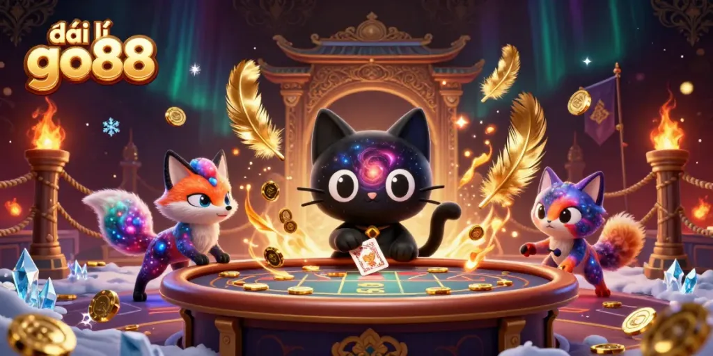 Engage with exciting adventures at đại lý go88 with cosmic-themed casino characters, pulling in chips and cards.