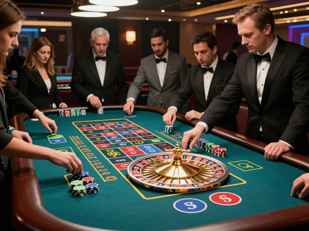 Tabel roulette kasino Pandawin dengan pemain yang memasang taruhan dan croupier memutar roda, menyoroti momen-momen strategis