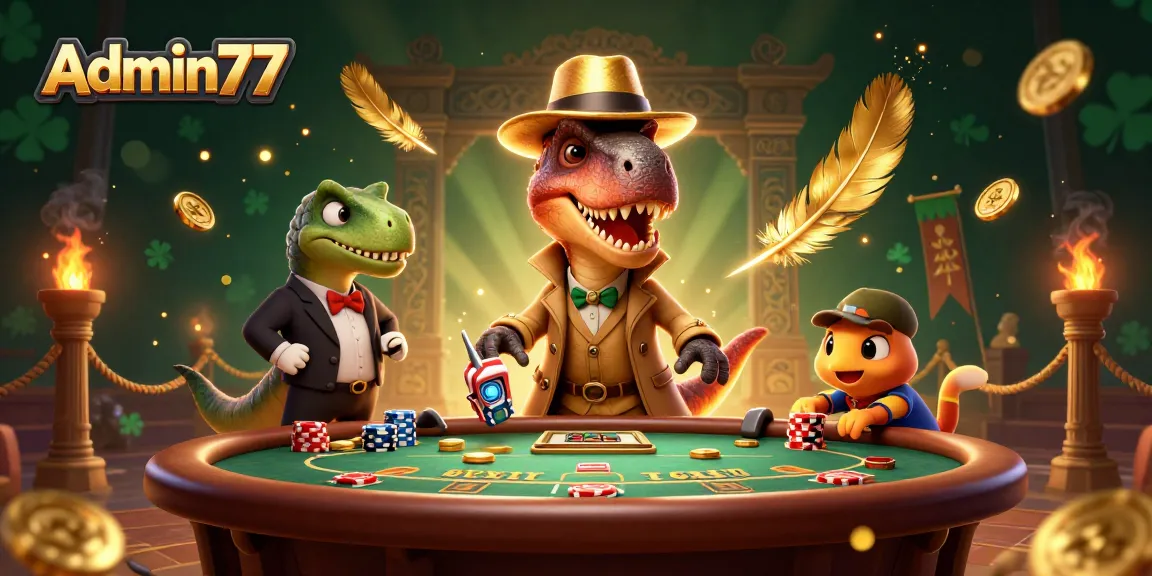 Engage with Admin77 at the blackjack table as quirky characters create a vibrant casino atmosphere.