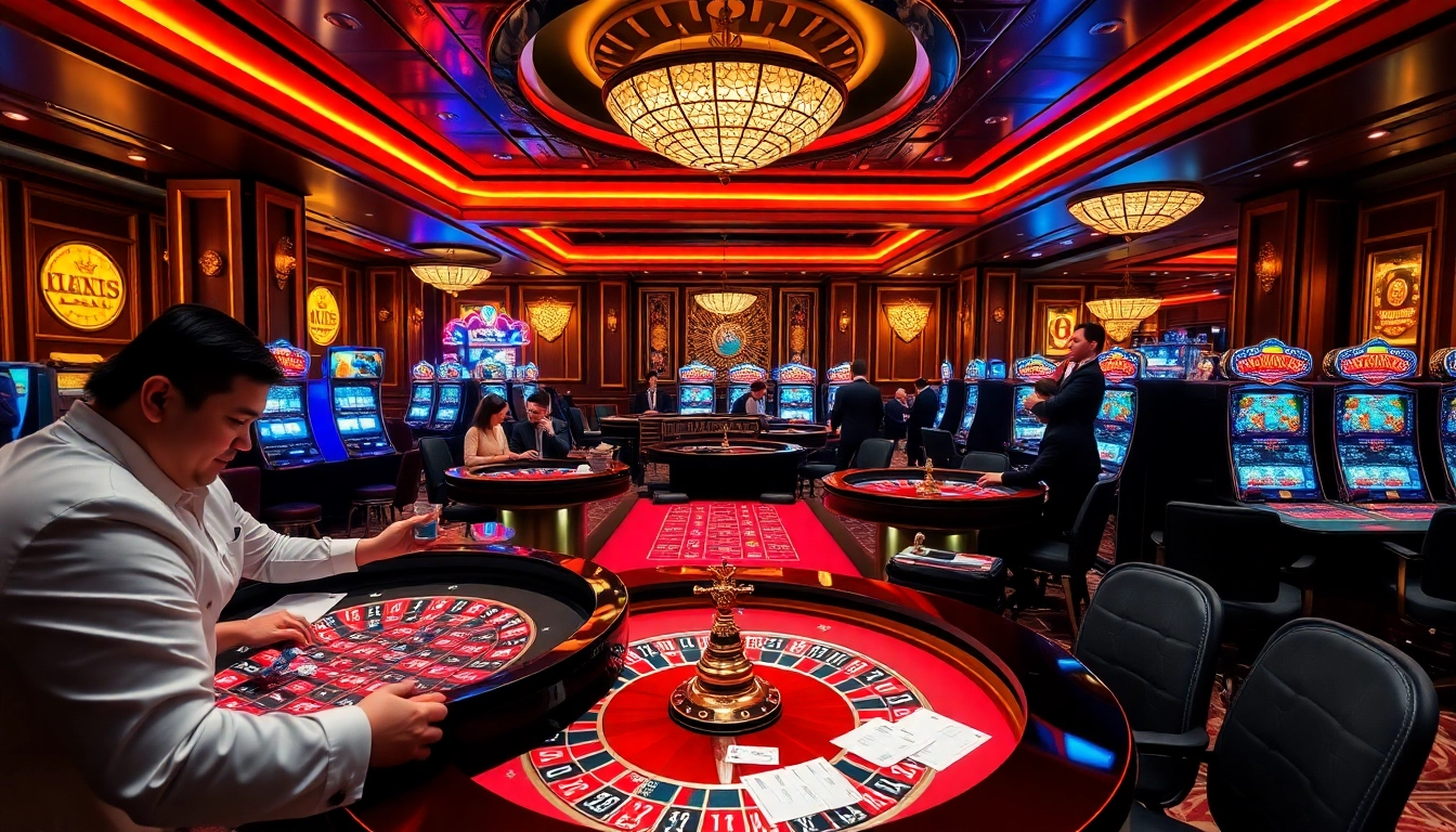 Capture the excitement of Kết quả xổ số players at a lively casino, emphasizing high stakes and vibrant gaming.