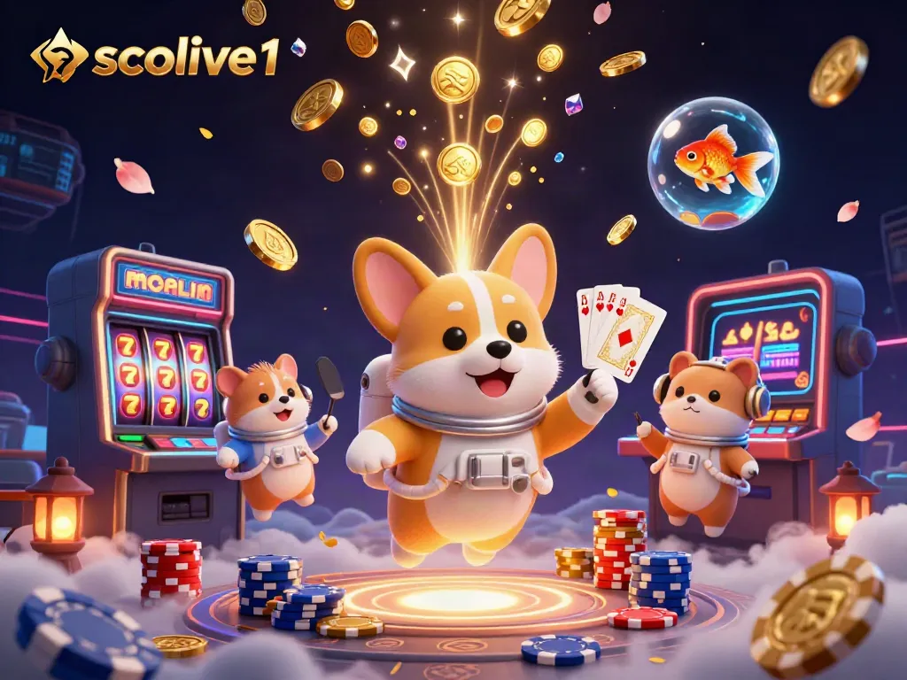 Socolive1 engages in exciting gaming actions featuring a corgi astronaut in a space casino with slot machines.