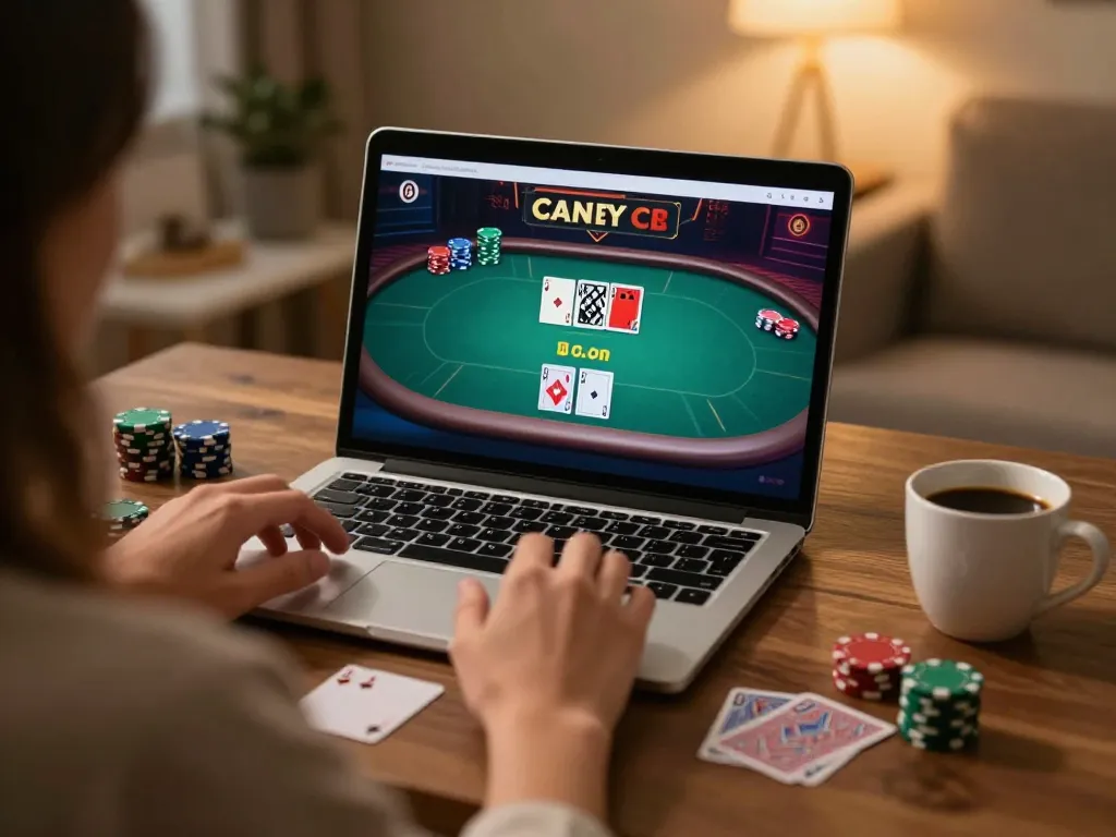 Playing poker online at F168 with a cozy home setup and strategic focus.