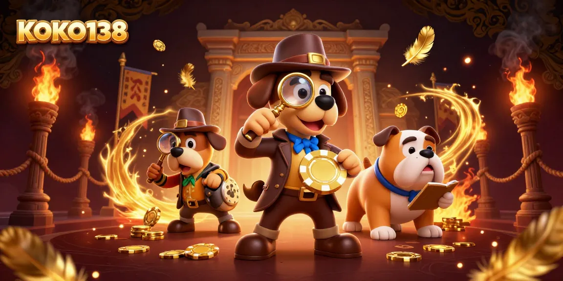 KOKO138 memantau petunjuk di kasino virtual dengan detektif dan bulldog di arena bermain.