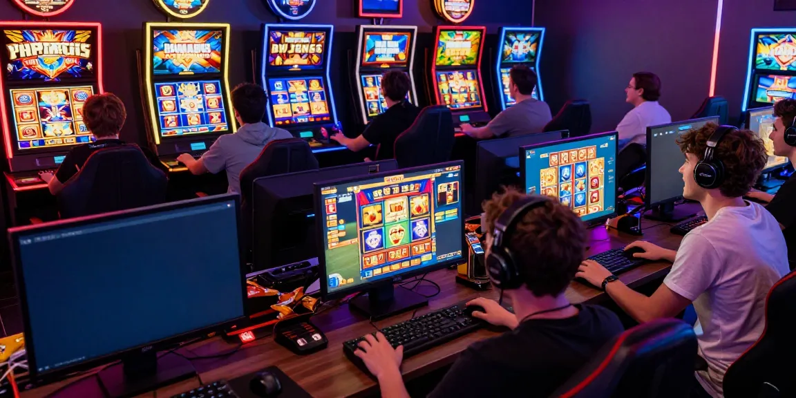 Excited players enjoying slot gacor games on various devices in a lively gaming setting.