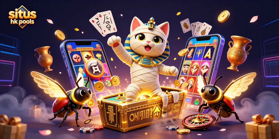 Mainkan situs hk pools dengan karakter kucing mummy kartun 3D dan elemen perjudian berwarna-warni.
