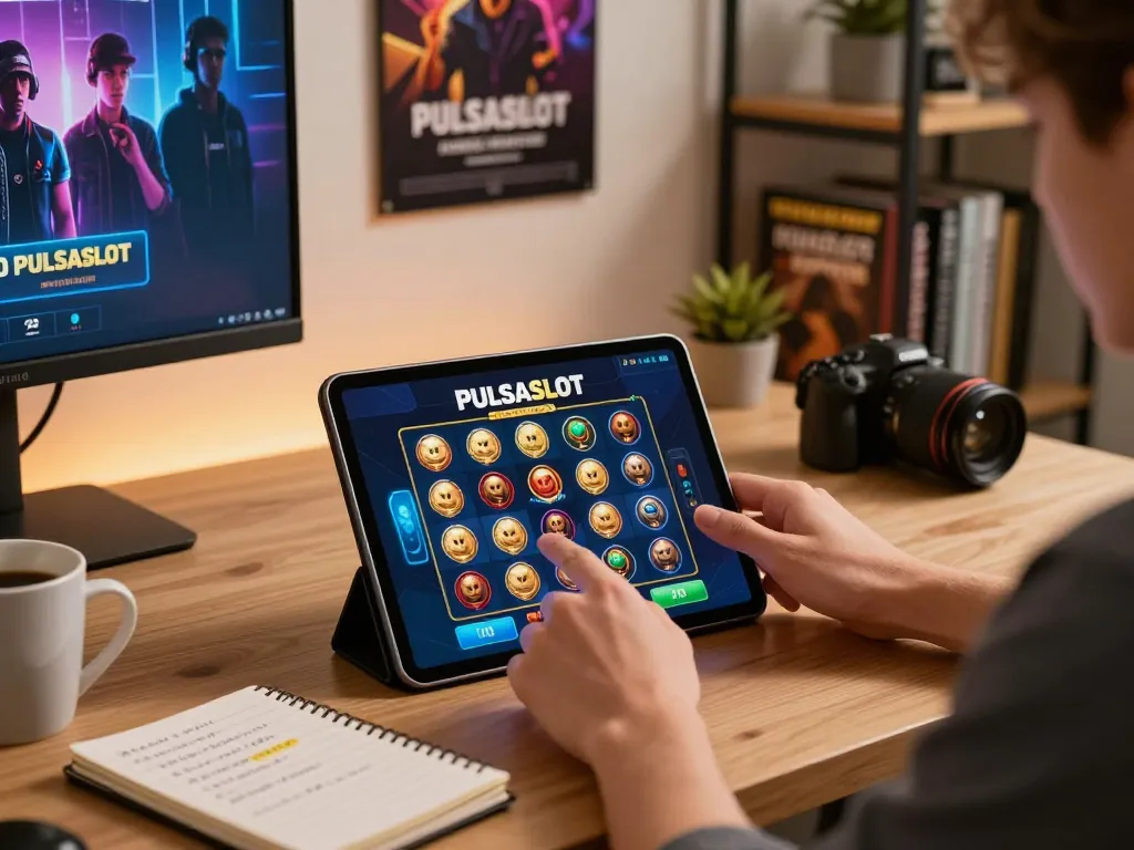 PULSASLOT player betting online in stylish home office, emphasizing responsible gaming.