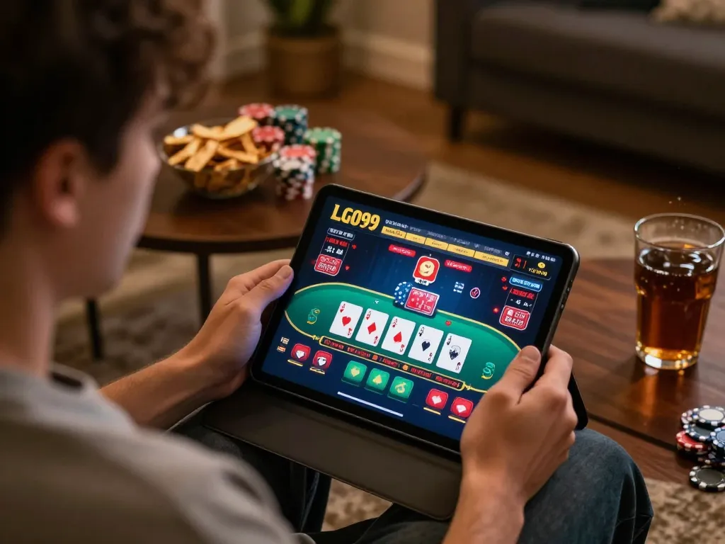 LGO99 player engaging in online blackjack gaming session with tablet at home