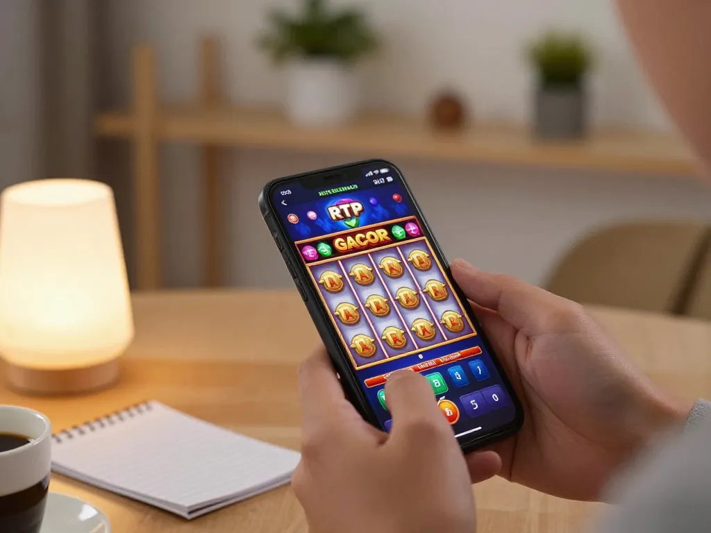 Player using smartphone for slot gacor gampang menang, enjoying online gaming experience in cozy home setting.
