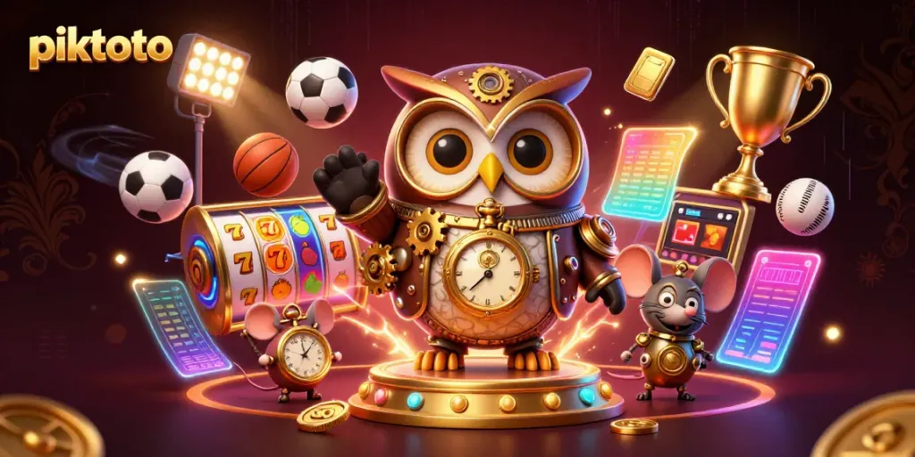Engage win-focused players with piktoto's lively 3D casino scene featuring steampunk owl and sports elements.