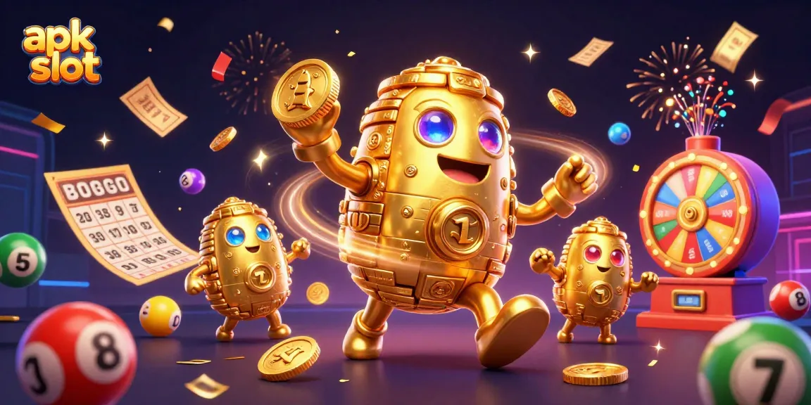 Menangkan apk slot dengan golem emas kuno yang terbuat dari koin, dikelilingi bola lotere berwarna-warni.