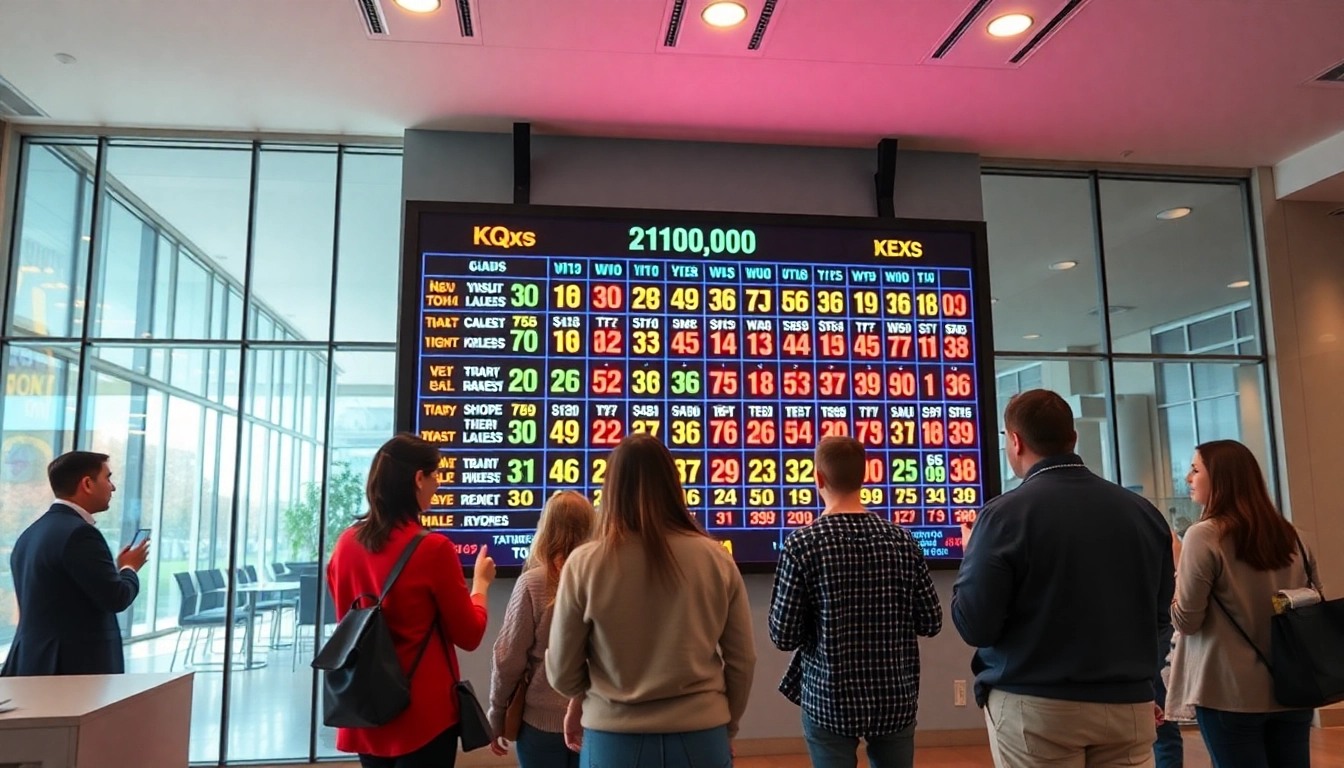 Kqxs lottery results display board with excited individuals checking tickets.