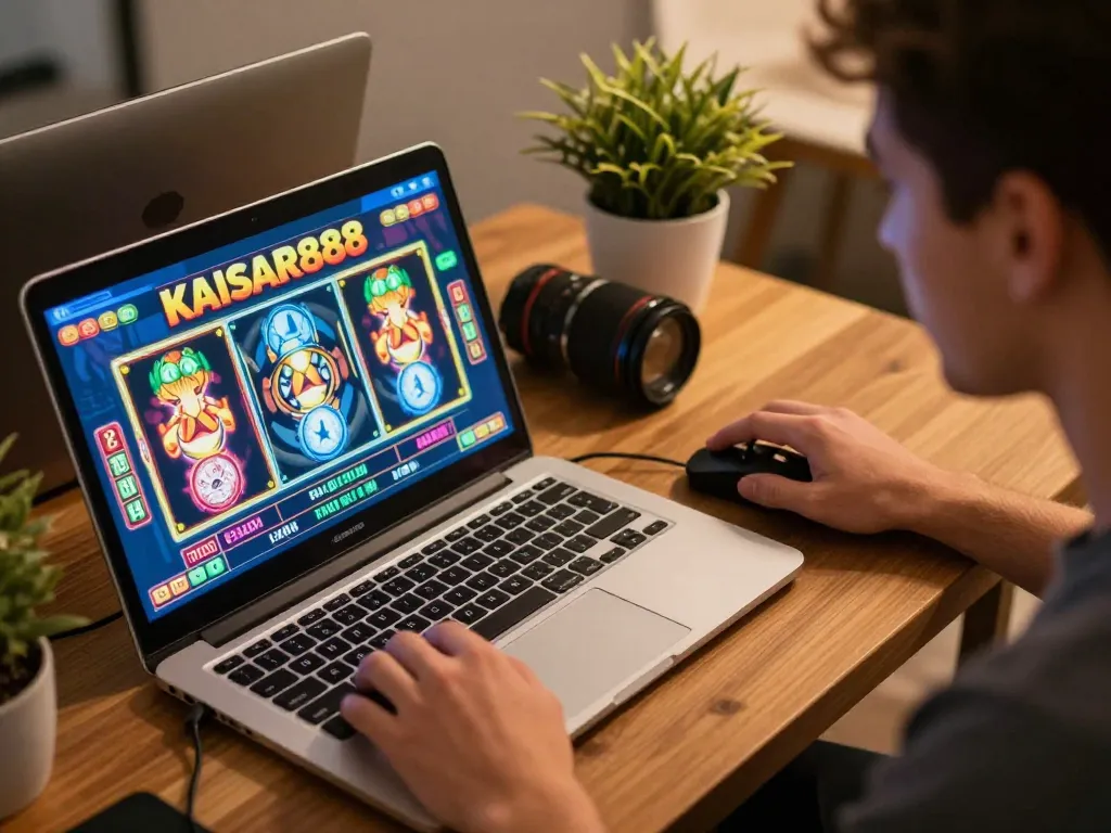 Engaged player spinning kaisar888 slot machine on laptop, showcasing home gaming excitement.