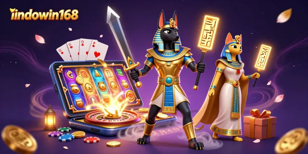 Spin to win with indowin168 in an immersive 3D casino experience featuring Anubis and Bastet.