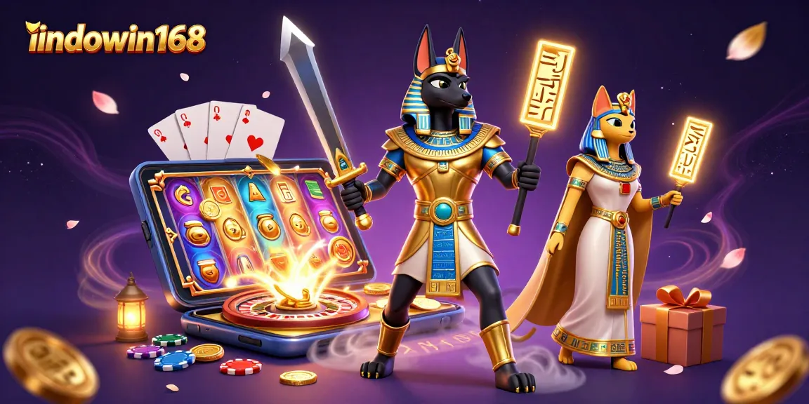 Spin to win with indowin168 in an immersive 3D casino experience featuring Anubis and Bastet.