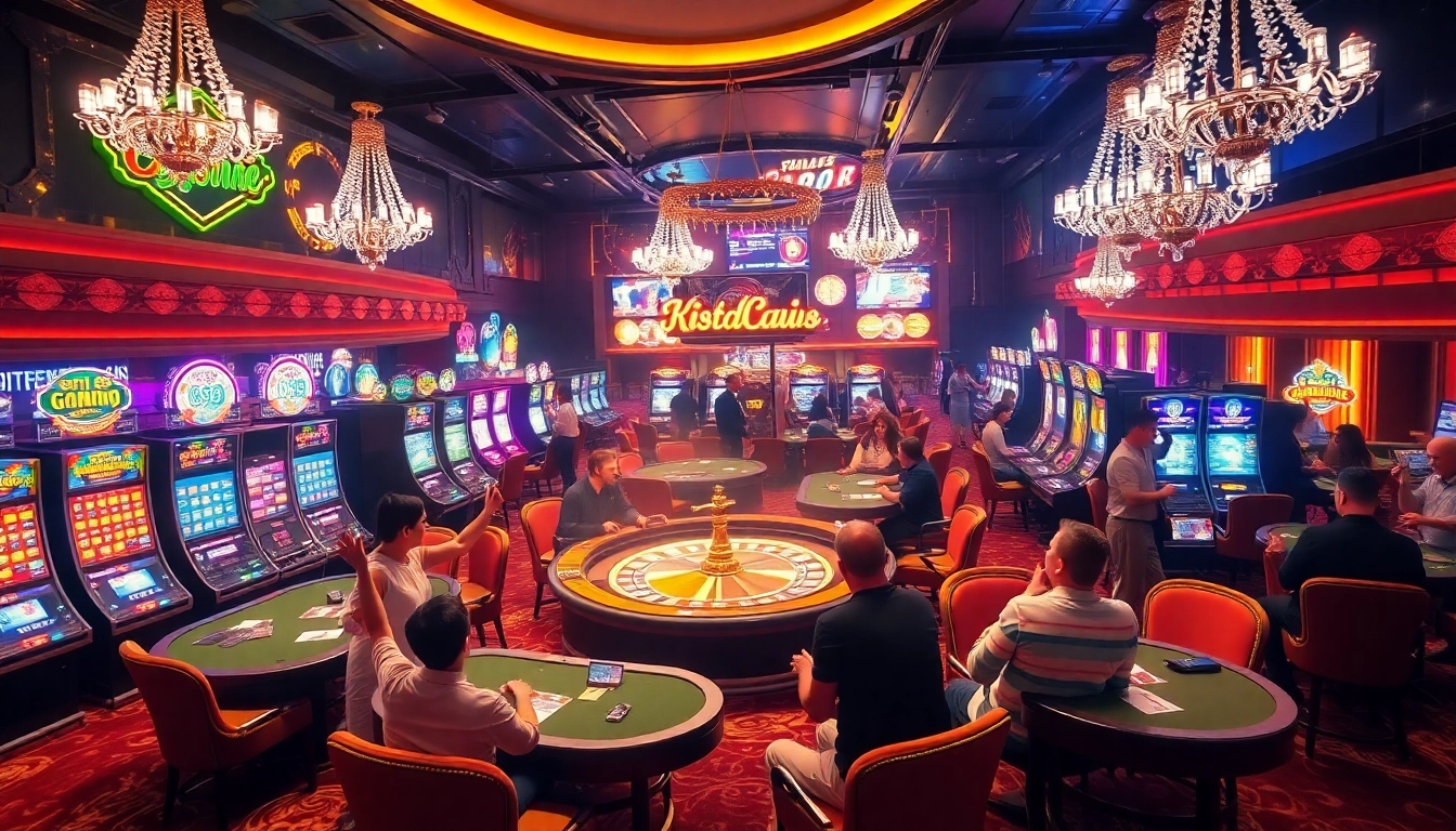 Situs Gacor di sebuah kasino yang hidup menampilkan pemain-pemain yang bersemangat di sekitar mesin slot dan meja poker.