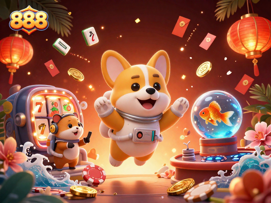 Experience the thrill of 888 with a floating corgi astronaut in a vibrant casino environment.
