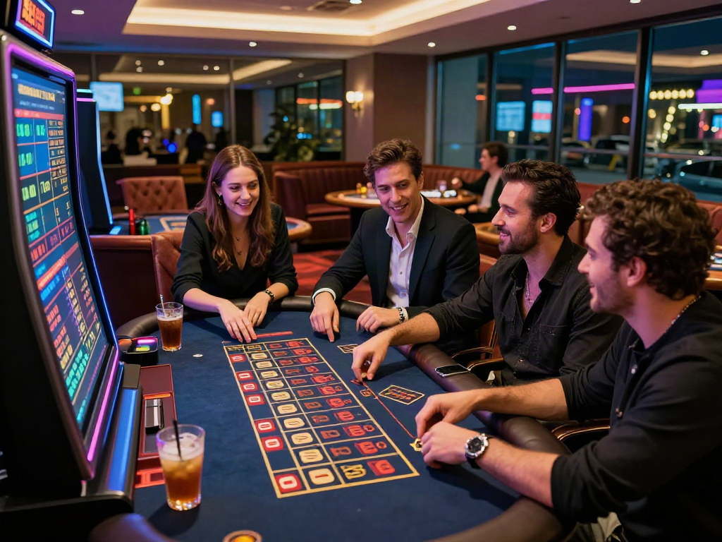 Friends excitedly strategizing Seribu Toto bets in a vibrant gaming lounge.