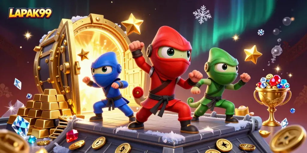 LAPAK99 ninja chameleons performing martial arts over a treasure vault, embodying excitement in online gambling.