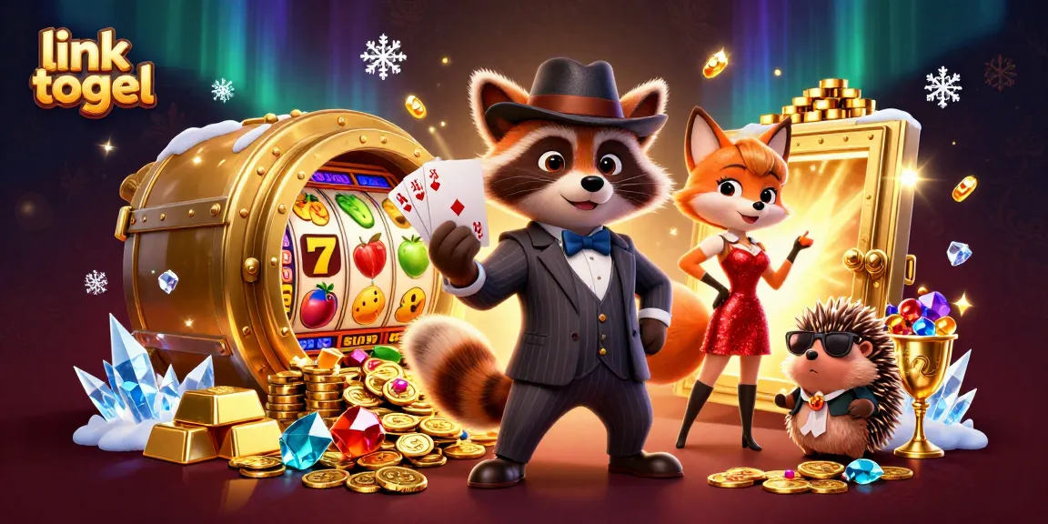 Win big with link togel in a vibrant 3D casino scene featuring cartoon characters and slot elements.