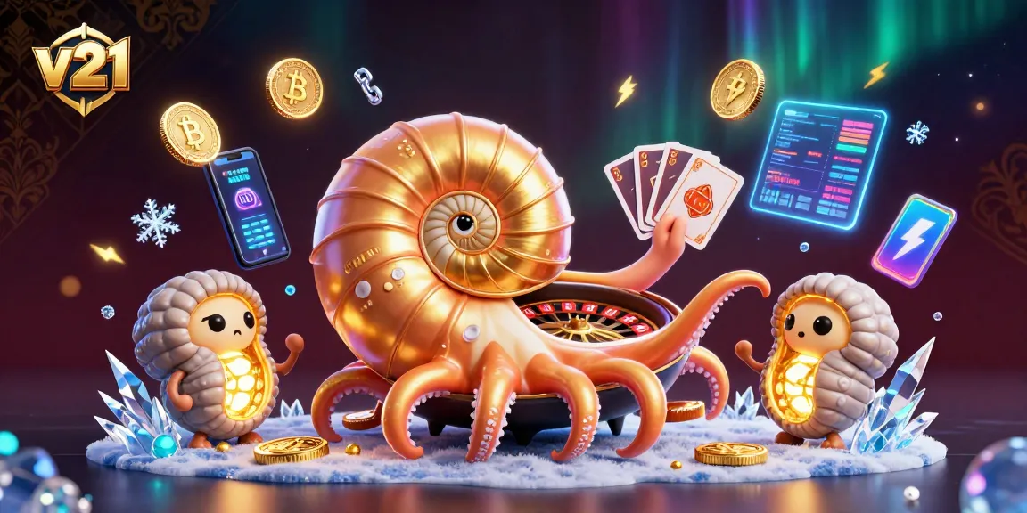 Permainan slot v21 dengan nautilus 3D unik dan koin cryptocurrency yang bersinar.