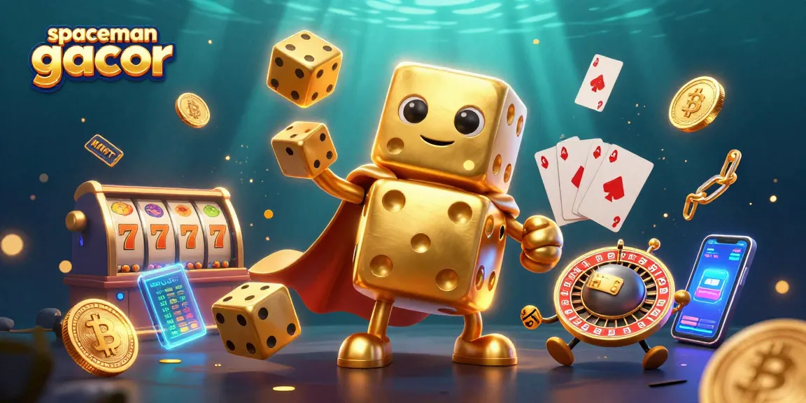 Bermain di spaceman gacor dengan simbol slot, dadu emas, dan koin crypto yang bersinar.