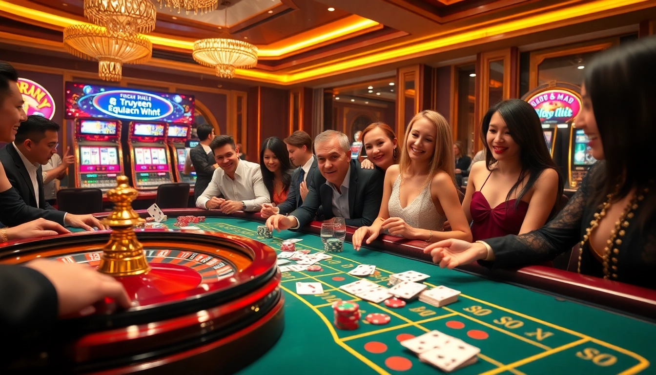 Players at a casino celebrating a win with Truyên ma hay nhất in the background.