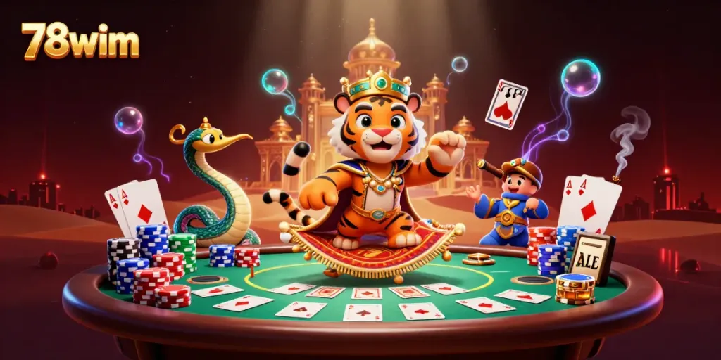 Engage in thrilling gambling action with 78wim in a vibrant, ultra-detailed Arabian Nights-themed casino scene.