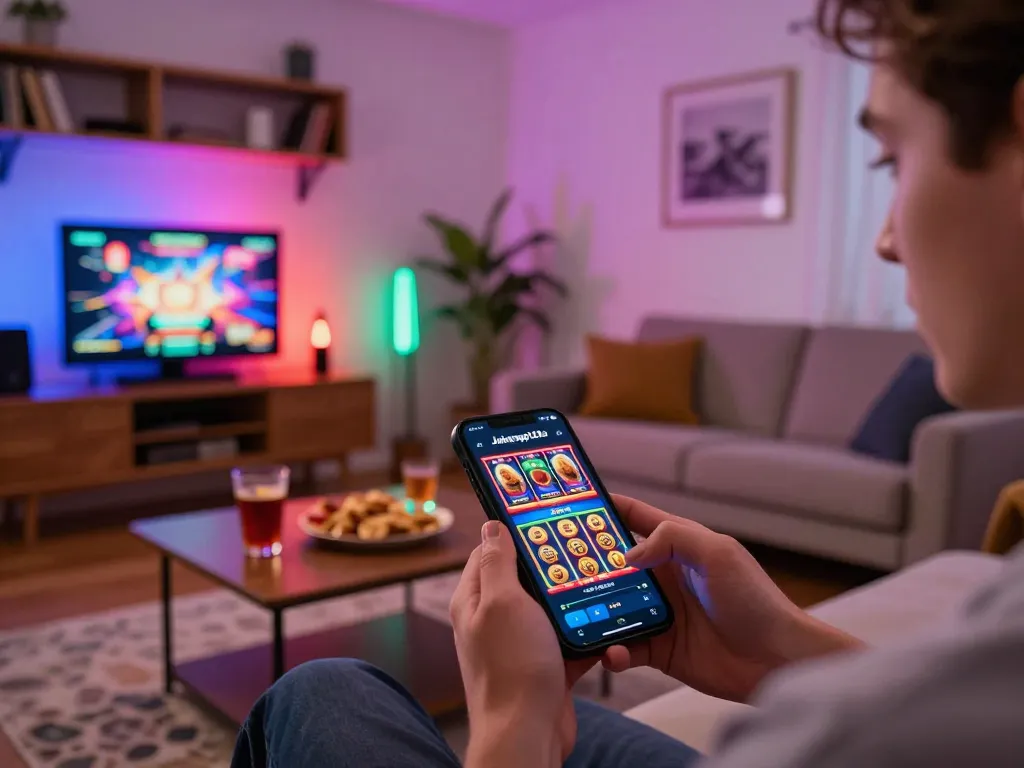 Engaging with jokerapp123a app for online slots in a cozy home gaming setup.