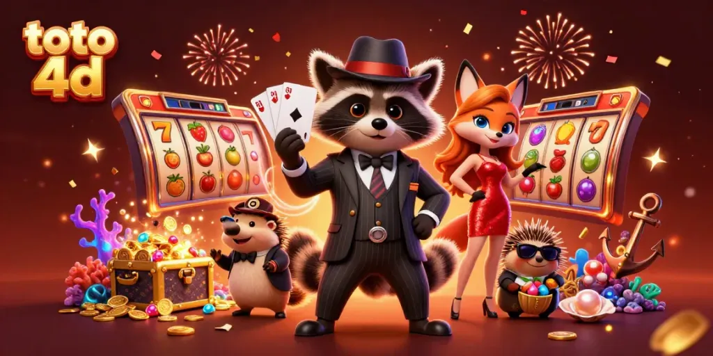 Engage in the exciting world of toto 4d with a raccoon showing a royal flush and glamorous companions.