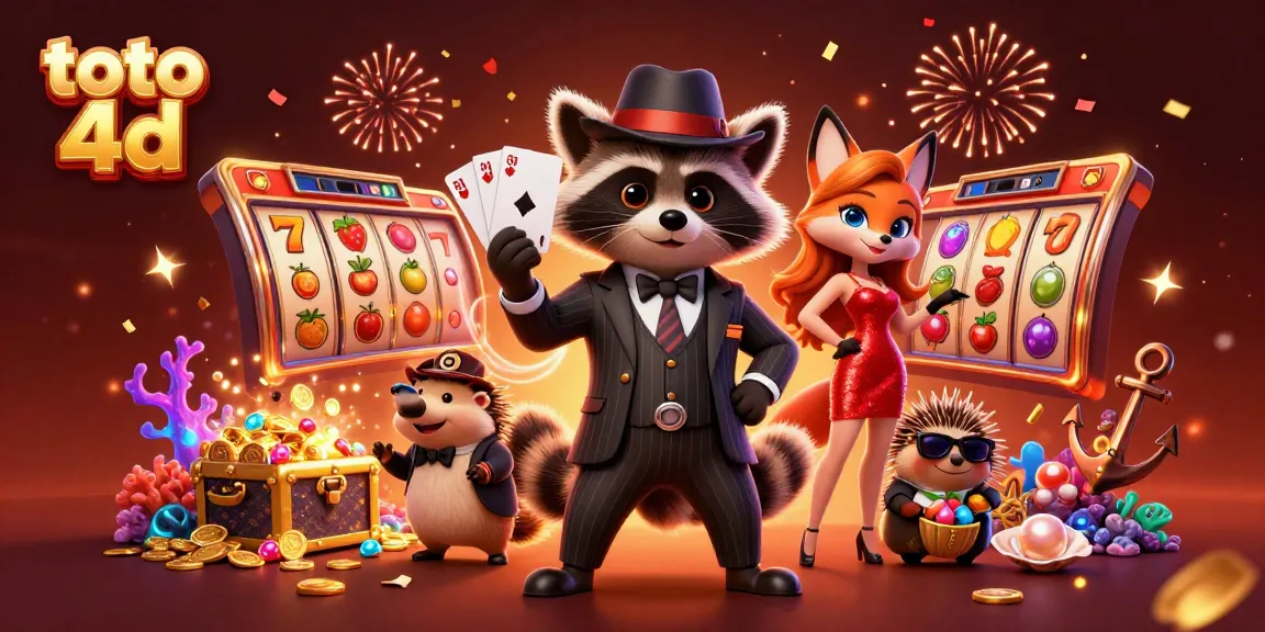 Engage in the exciting world of toto 4d with a raccoon showing a royal flush and glamorous companions.