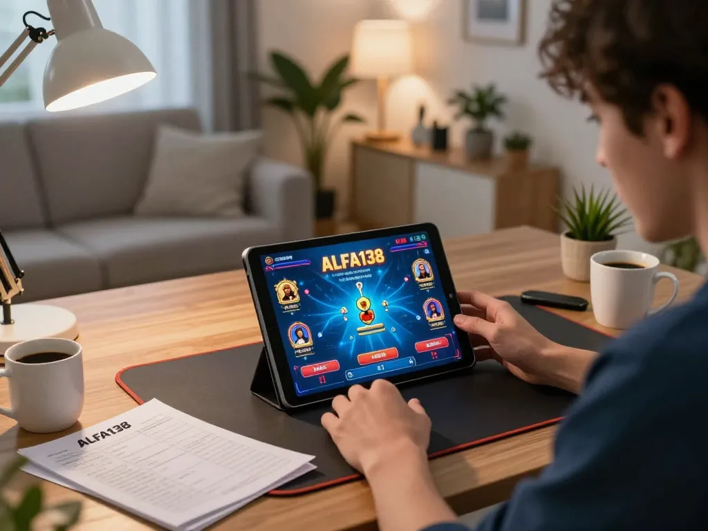 Player enjoying the dynamic alfa 138 gaming experience on a tablet in a cozy living room setting.