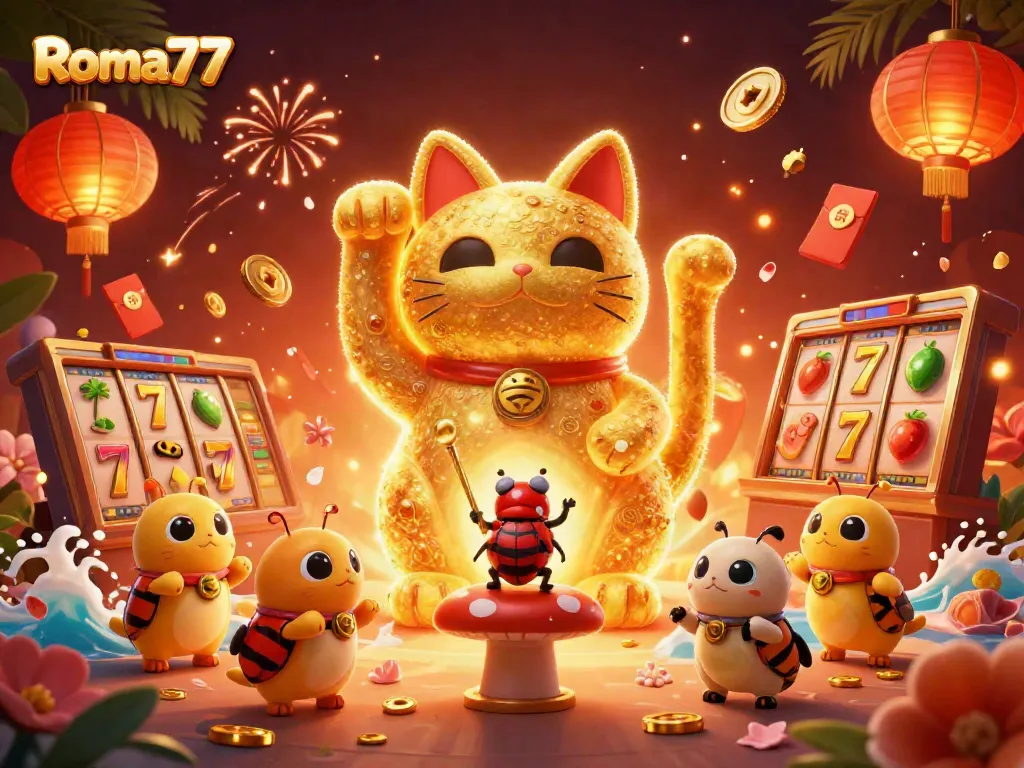 Enjoy exciting games at Roma77 with this captivating illustration of a golden lucky cat and casino symbols.