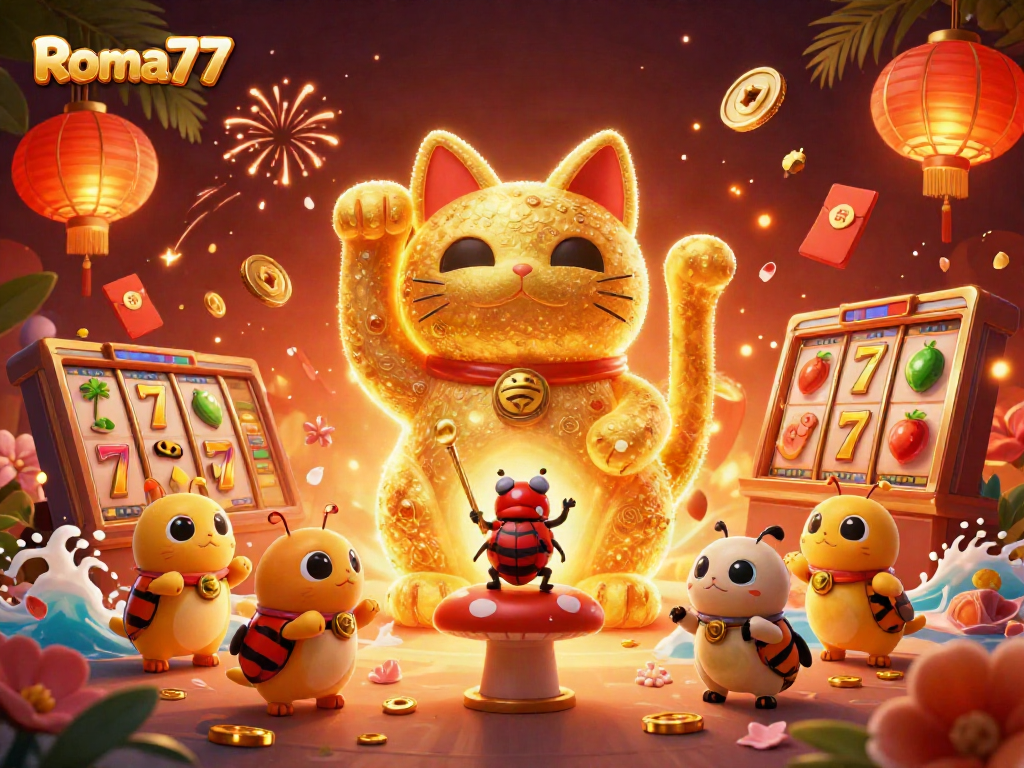 Enjoy exciting games at Roma77 with this captivating illustration of a golden lucky cat and casino symbols.