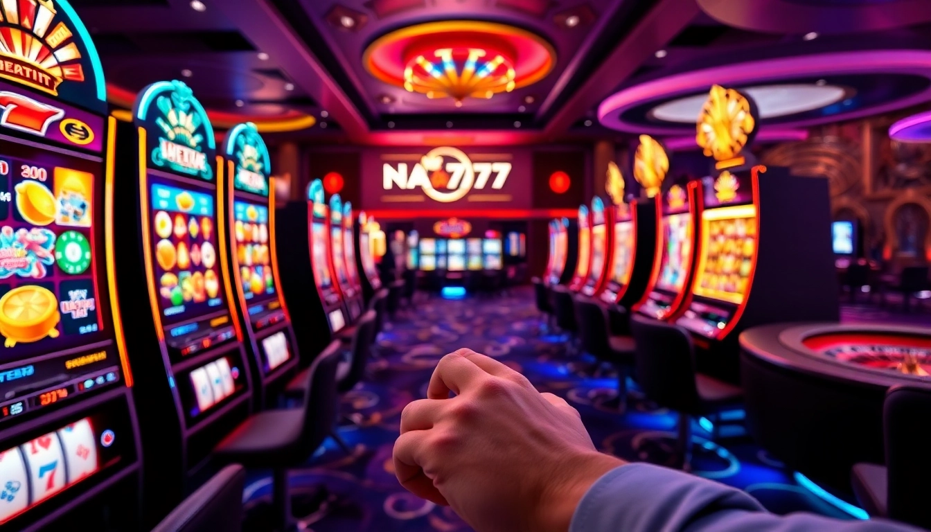 Experience the thrill of Na777 slot game with colorful machines and vibrant casino atmosphere.